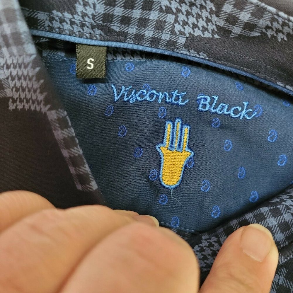 Visconti Black Shirt Men's Sz Small Navy Blue Houndstooth Camouflage Shapes NWT - Picture 8 of 11